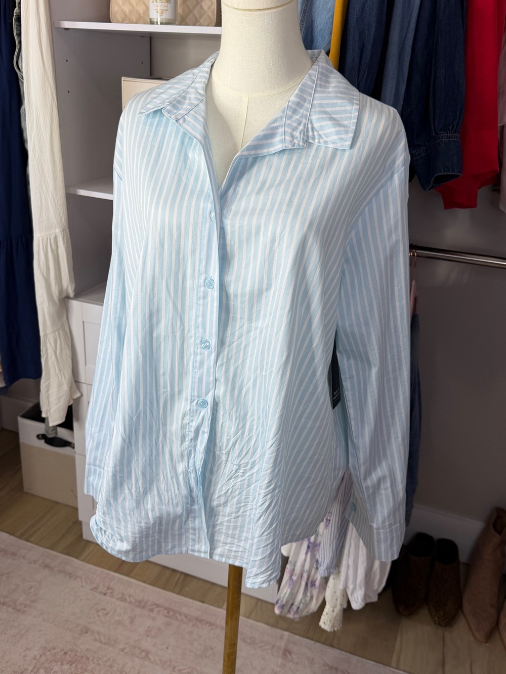 No Boundaries Light Blue and White Striped Button-Down Blouse